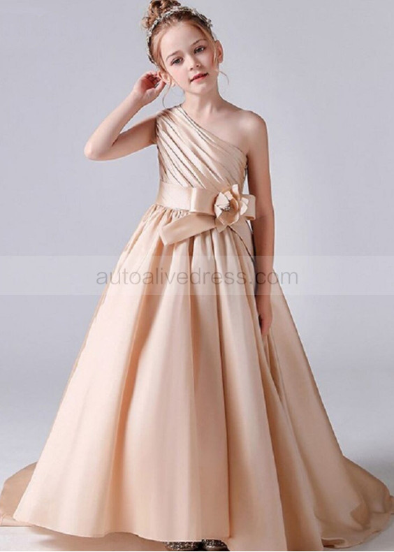 One Shoulder Champagne Pleated Satin Flower Girl Dress